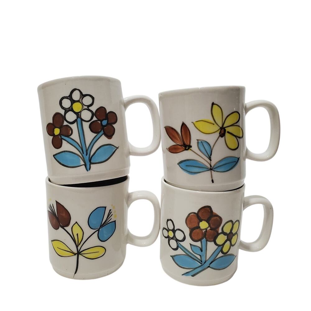 Vtg Floral Stoneware Coffee Mugs Blue Brown & Yellow MCM 4oz Lot of 4